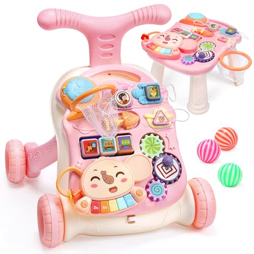 CUTE STONE 2-in-1 Baby Walker for Girls, Toddlers Learning Walker, Early Educational Push Walking Toys with Detachable Activity Center for Infants 12+ Months