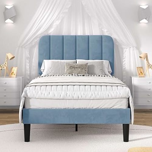 VECELO Twin Size Bed Frame with Upholstered Headboard, Velvet Platform Bedframe Mattress Foundation, Strong Wood Slat Support, No Box Spring Needed,Sky Blue