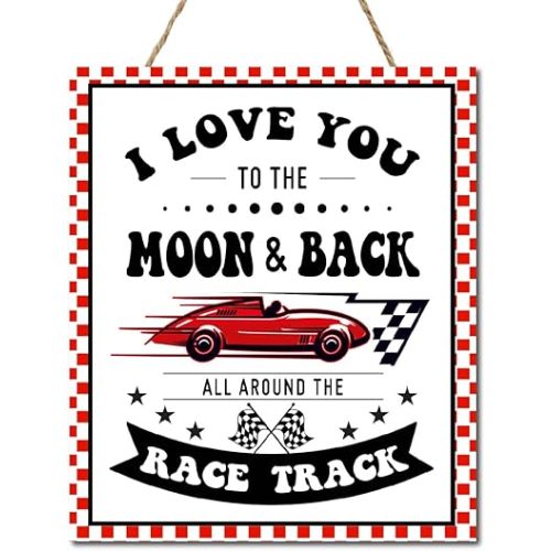 I Love You to The Moon and Back Race Car Door Sign Decor,Race Track Wood Nursery Wall Decor Hanging Sign,Racing Theme Suitable for Boys,Gift for Teenagers Race Fans, 13*11