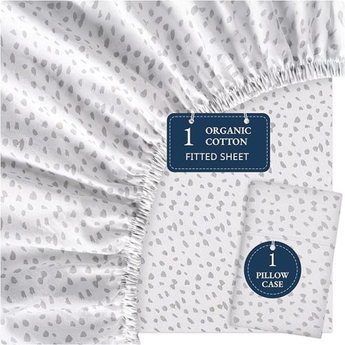 LANE LINEN 100% Organic Cotton Twin Fitted Sheet & Pillowcase Set, Percale Weave, Lightweight, Breathable, Fits Mattress Up To 15" Deep - White (Grey Dot) (No Flat Sheet)