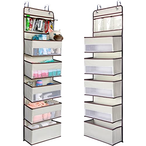 NesTidy Over The Door Organizer Storage 6 Layers, Wall Mount Hanging Organizer with 5 Large Pocket Organizers and 3 Small Pockets for Baby Essentials, Toys, Cosmetics, and Sundries (Beige, 1 Pack)