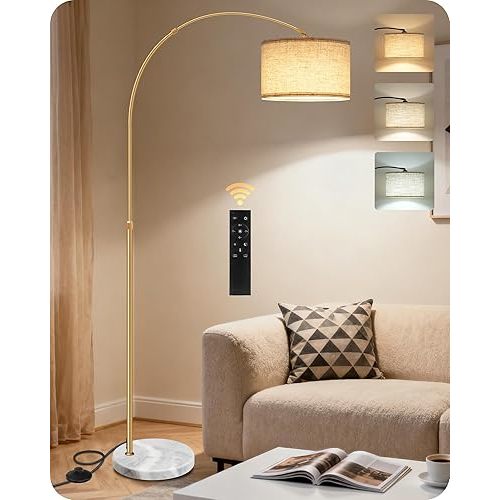75" Arc Floor Lamp with Marble Base and Adjustable Height, Rotating Hanging Shade, Dimmable Gold Floor Lamp for Living Room with Remote and Foot Switch, 3 Color Temperatures, Timer, DE15LD05