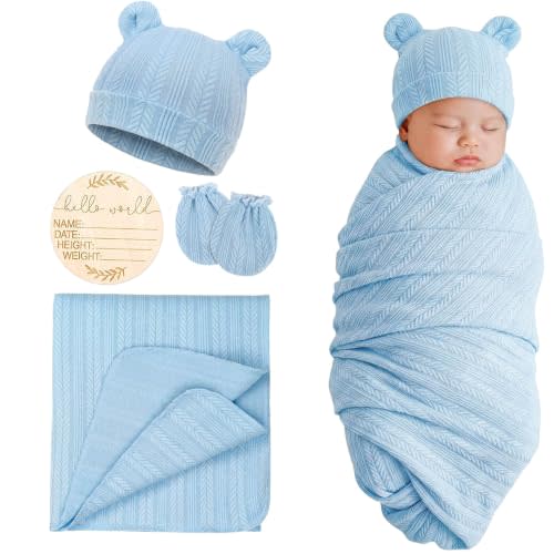DRESHOW BQUBO Newborn Receiving Blankets for Baby Girl Boy Swaddle with Bear Hat No Scratch Mittens Announcement Card Set for 0-3 Months