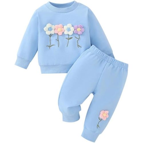 Toddler Girl Fall Winter Clothes Baby Crewneck Floral 3D Embroidery Sweatshirts Pants Set Long Sleeve Outfits Set