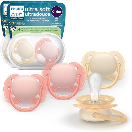 Philips Avent Ultra Soft Pacifiers - Orthodontic Design, for Babies 0-6 Months, Flexible Shield, Silicone Symmetrical Nipple, BPA-free, 2 Sterilizing Cases, 4 Pack, SCF091/47