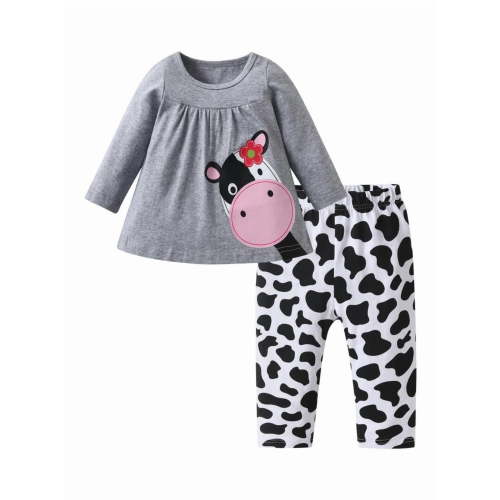 Toddler Baby Girl Clothes Long Sleeve Ruffle Tops Cow Style Pants Outfits Set Gray 6-9 Months
