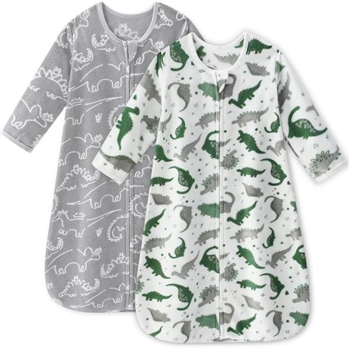 Fleece Baby Sleep Sack 0-6 Months Long Sleeve 1.0 Tog Baby Wearable Blanket Microfleece Sleeping Sack with 2-Way Zipper for Newborn Infant Grey & White Dinosaur