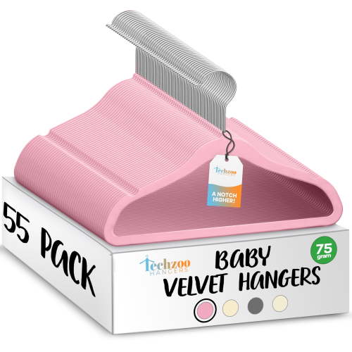Techzoo Premium Baby Velvet Hangers 55 Pack – 11.8" Non Slip Felt Cloth Hangers for Closet – Ultra Slim, Space Saving Baby Clothes Hangers with 360° Swivel Hook Infant Hangers – Pink