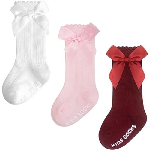 Baby Knee High Socks Girl Non Slip Toddler Stockings Cotton Bow Ruffle Newborn Long Socks Infant Dress Sock 0-6M/6-12M/1-3Y