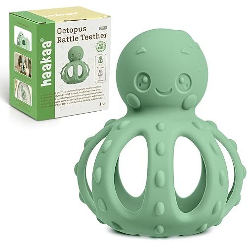 haakaa Octopus Rattle Teether, 2-in-1 Teething Toy with Gentle Rattle, Octopus-Shaped for Soothing Sore Gums & Sensory Stimulation, Easy to Grasp,Pea Green