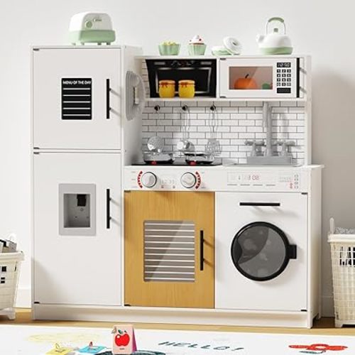 Babytronic Wooden Kitchen Playset for Kids, Interactive Play Kitchen with Lights & Sounds, Children Pretend Toy Kitchen Set with Faucet, Oven, Microwave, Kitchenware for Toddlers Ages 3+ (White)