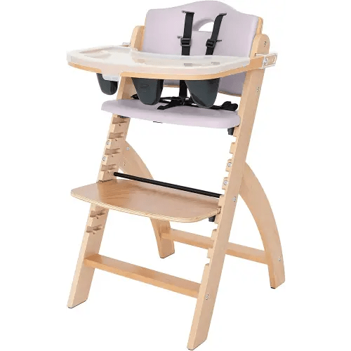 Abiie Beyond Junior Wooden High Chair with Tray - Adjustable and Convertible High Chair for Babies and Toddlers - 6 Months to 250 Lb - Water Resistant - Natural Wood with Lilac Cushion