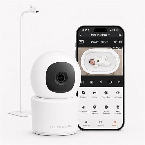 Delta Children Smart Sleep Baby Monitor with Floor Stand, Auto Motion Tracking/Alerting, 360° Pan/45° Tilt, Night Vision, Two-Way Talk, Temp & Humidity Alerts, Alexa/Google Compatible, 2.5K/1440p QHD