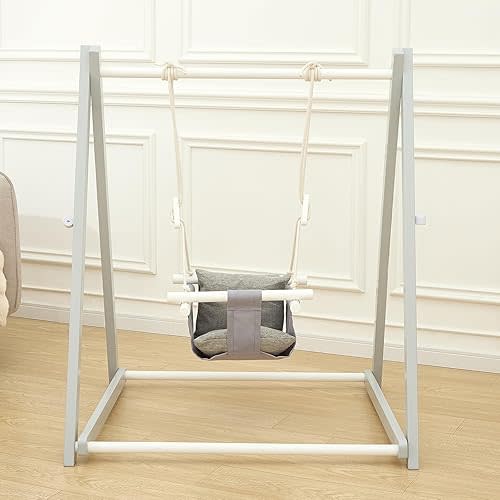 FUNLIO Montessori Wooden Swing Set for Toddlers 6-36 Months, Foldable Indoor Baby Swing Set of Durable Pine, Portable with 4 Sandbags &Extension Straps, Toddler Swing for Indoor/Outdoor-Gray
