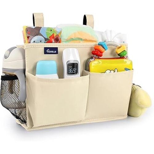 Surblue Bedside Caddy Hanging Organizer Storage Bag Pocket for Bunk, Hospital, College Dorm Rooms, Baby Bed Rails, Camp - 8 Pockets, Large, Beige