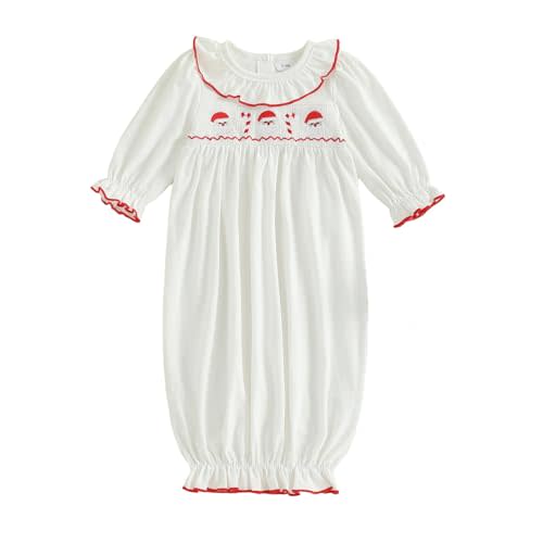 Sasaerucure Newborn Baby Girl Boy Christmas Outfit Santa Claus Sleepwear Smocked Long Sleeve Nightgown Pajama Sleeper