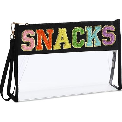 Remerry Clear Chenille Letter Makeup Bag Stand up Snack Bags Preppy Cosmetic Pouch Expandable Clear Travel with Wrist Strap Zipper Portable Multipurpose PVC Nylon for Women Travel(Black,Snack)
