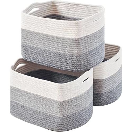 Storage Baskets for Organizing Shelves, Woven Cotton Rope Baskets for Storage Books Towels Toys, Organizing Baskets, Toy Basket for Nursery Bathroom, 15"x11"x9.5", 3 Packs, Gradient Grey