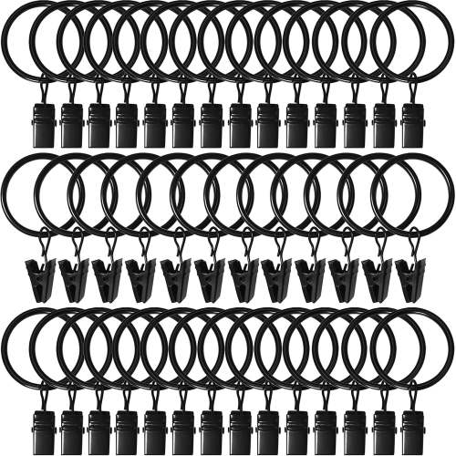 40 Pack Curtain Rings with Clips, Drapery Clips with Rings, Drapes Rings 1.26 in Interior Diameter, Fits up to 1 in Curtain Rod, Black