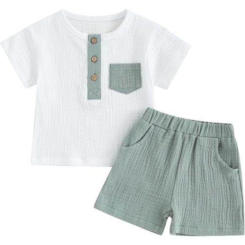 fhutpw Baby Boy Summer Outfits Henley Shirt Soft Pocket Short Sleeve Tops & Shorts Sets Infant 3 6 12 18 Months 2T Clothes