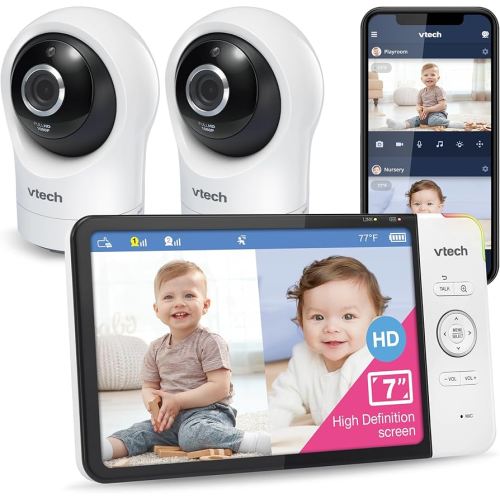 VTech RM7764-2HD Smart WiFi Baby Monitor with 2 Cameras, 1080p HD Video, 360° Pan & Tilt, 10x Zoom, 7" HD Parent Unit, Night Vision, Soothing Sounds, 2-Way Talk, Temperature & Motion Detection