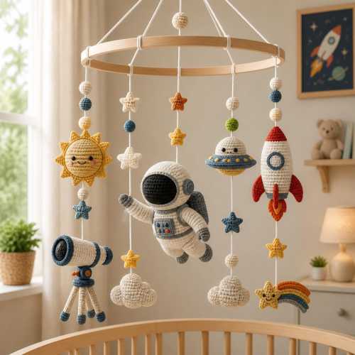 Astronaut Baby Mobile, Space Nursery Hanging Toy, Wooden Arm Decor,  Handmade Baby Crib Mobile, Baby Shower Gift, Newborn Gift