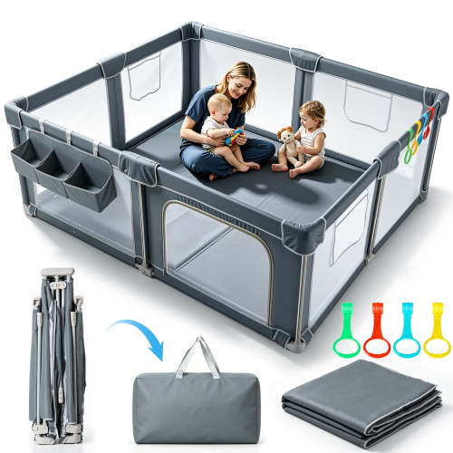 spanspace Foldable Baby Playpen 60"x72" with Mat, Out-of-The-Box Ready Playpen for Babies and Toddlers, Portable Play Yard with Breathable Mesh & Gates, Storage Bag & 4 Handlers for Indoor & Outdoor