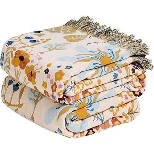 MSGKV Boho Throw Blanket for Bed 100% Cotton Floral Twin Size Couch Blanket 60"x80" Muslin Spring Breathable Lightweight Farmhouse Blankets All Seasons
