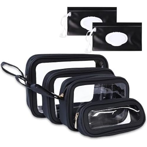 6-Piece Diaper Bag Organizer Pouches Set, TPU Waterproof Clear Packing Cubes Diaper Bag with 2 Reusable Wet Wipe Dispensers, TSA Approved Kids Toiletry Bag for Travel (Black)