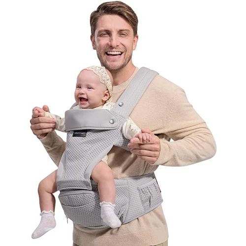 Momcozy Baby Carrier with Hip Seat, 2-in-1 Forward-Facing Carry for Active Babies, Detachable Hands-Free Carrier up to 44lbs, Breathable Infant Carrier Fits Waist Sizes up to 45 Inches, AirMesh Grey