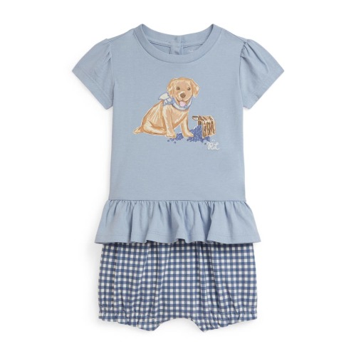 Puppy Cotton Graphic T-Shirt & Gingham Shorts Set