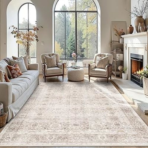 8x10 Washable Area Rug Beige Vintage Rug for Living Room Bedroom Low Pile Soft Non-Slip Boho Neutral Floral Rug for Under Table Distressed Retro Carpet for Bedroom Kitchen Office Dining
