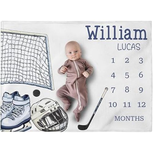 Personalized Hockey Milestone Blanket, Custom Sports Baby Boy Month Blanket, Hockey Nursery Custom Newborn Growth Tracker, New Mom