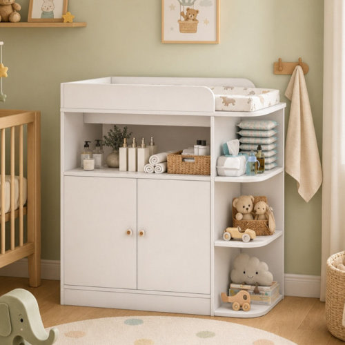 Pipleo Changing Table Dresser for Nursery, Baby Diaper Changing Station with Large Cabinet, 4 Open Shelves & Crystal Knobs (Changing Top Included, Pad Excluded) | Wayfair