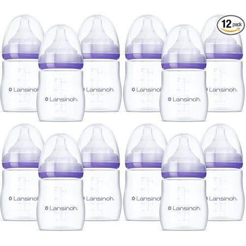 Lansinoh Anti-Colic Baby Bottles, BPA-Free Plastic, 5 Ounces, Slow Flow Nipples (Size S), Breastfeeding Bottle with NaturalWave Design, Baby Essentials (Pack of 12)
