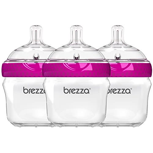 Baby Brezza Two Piece Natural Baby Bottle with Lid - Ergonomic, Wide Neck Design Makes it The Easiest to Clean - Modern Look - Anti-Colic - BPA Free Plastic - Pink – 5 Ounce Size – 3 Pack of Bottles
