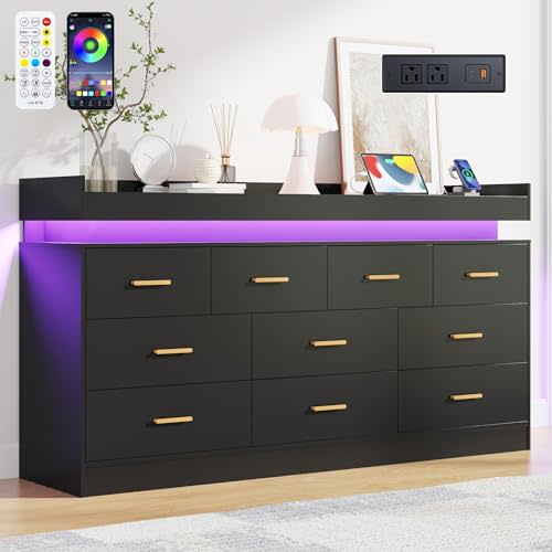 St.Mandyu 10 Drawer Dresser with Power Outlet and LED Light, Wide Drawer Organizer Cabinet with Drawer, Modern Chest of Drawers Closet for Bedroom, Living Room, Entryway, Hallway, Black