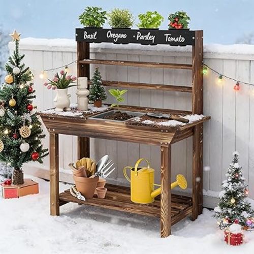 Costzon Kids Potting Bench, Wood Toy Gardening Center with 4 Pots, Chalkboard, Removable Sink, Storage Shelves, Mud Kitchen for Kids Outdoor Play Kitchen, Gift for Boys Girls 3+