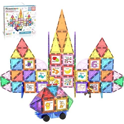 PicassoTiles 121pc Master Builder Magnetic Building Block Construction Set Magnet Tiles Blocks with Car Truck, 2 Character Action Figures, 28 Educational Alphabet Animal and Number Graphics, Windmill