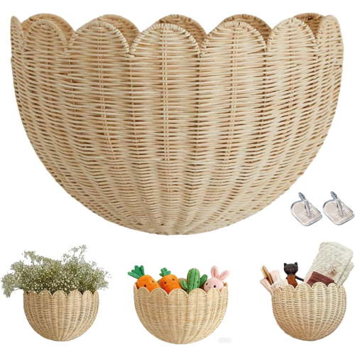 Hand Woven Rattan Wall Baskets, Scalloped Wicker Hanging Basket with Metal Frame & Hook, Minimalist Wall Decor for Home, Entryway, Kitchen, Living Room(14"x6"x8", 1Pcs)