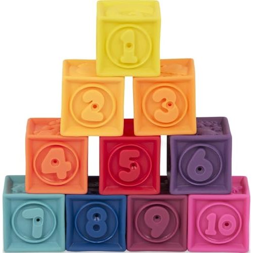 B. toys, One Two Squeeze Soft Building Blocks, 10 Pack, Blocks - 1, Baby | 10 soft blocks with numbers, shapes, colors, and animals; textured block play with reusable bag, Blocks - 1, Baby; 6+ Months
