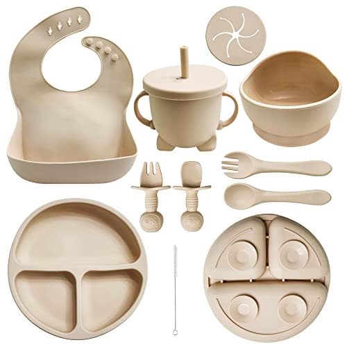 HippoBaby Baby Led Weaning Supplies | 10 Piece Silicone Baby Feeding Set | Baby Toddler Bib Cup Divided Plate and Bowl Self Feeding Spoons Dish Set | Baby Utensils | Toddler Feeding Supplies (Cream)