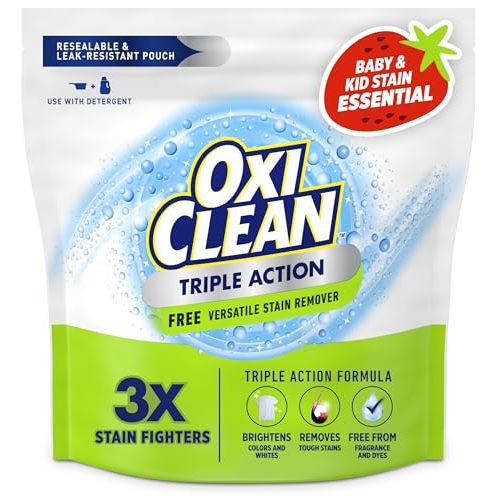OxiClean Triple Action Free Versatile Stain Remover Powder, 4 lbs | Use with Detergent, No Fragrance, No Dyes, No Chlorine, Removes Stains, Brightens Colors and Whites