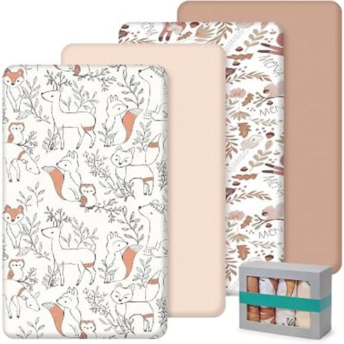 SmoothNovelty 4 Pack Woodland Crib Fitted Sheet for Boys Girls - 52" x 28" Fitted Baby Sheet with Animals and Floral Pattern for Standard Mattress Gift Set, Microfiber & Soft Breathable(Brown)
