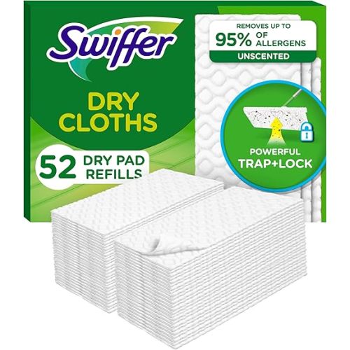Swiffer Sweep + Mop, Dry Pads Refill, Floor Cleaner for Dirt, Dust, Hair, Cleaning Cloths for Mopping Home, Bathroom, Kitchen, Dust Mop, Floor Duster, Unscented, 52ct