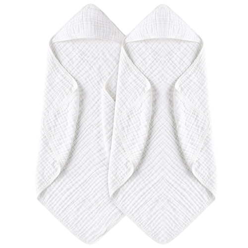 Hooded Baby Towels for Newborn 2 Pack 100% Muslin Organic Cotton Baby Bath Towel with Hood for Babies, Infant, Toddler and Kids, 32x32Inch, Soft and Absorbent Newborn Essential,White-2 Pack