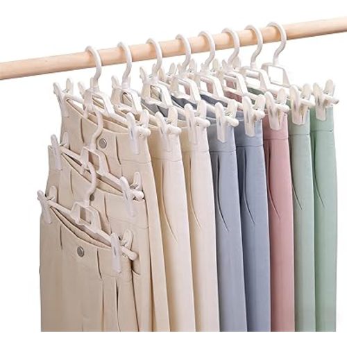 10 Pack Pants Hangers Space Saving with Adjustable Clips, Skirt Hanger with 360° Swivel Hooks, Cloths Hangers for Leggings, Yoga Pants, Jeans, Skirts, Wardrobe Organization (White)