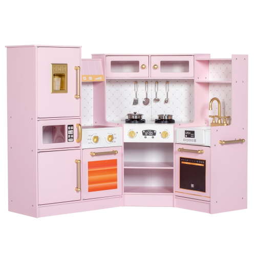 BRINJOY Basics Kids Corner Wooden Kitchen Toy Playset with Stove, Oven, Sink, Fridge and Accessories Gift for Girls Boys Toddlers Preschoolers