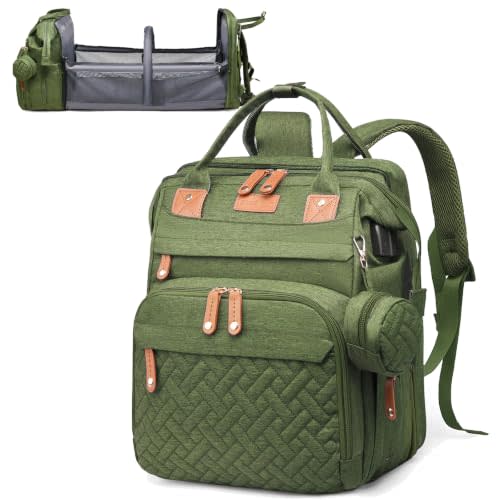 Jeryswet Baby Diaper Bags with Changing Station, Waterproof Large Capacity Diaper Bag Backpack for Moms Dads with USB Charging Port and Stroller Straps, Baby Shower Gifts, Green