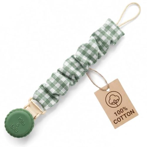 Muslin Cotton Pacifier Clips- Metal-Free, Lightweight and Secure Pacifier Holder for Babies (Olive Graine) - Mila & Lulu